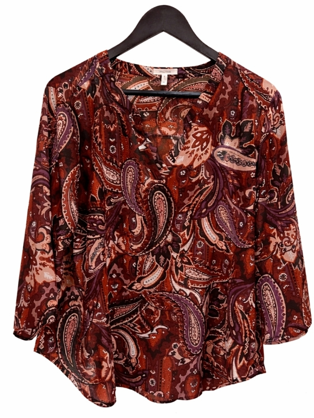 Maurice's Rust Burgundy Floral Paisley Vneck Roll Tab Blouse Plus Sz XXL